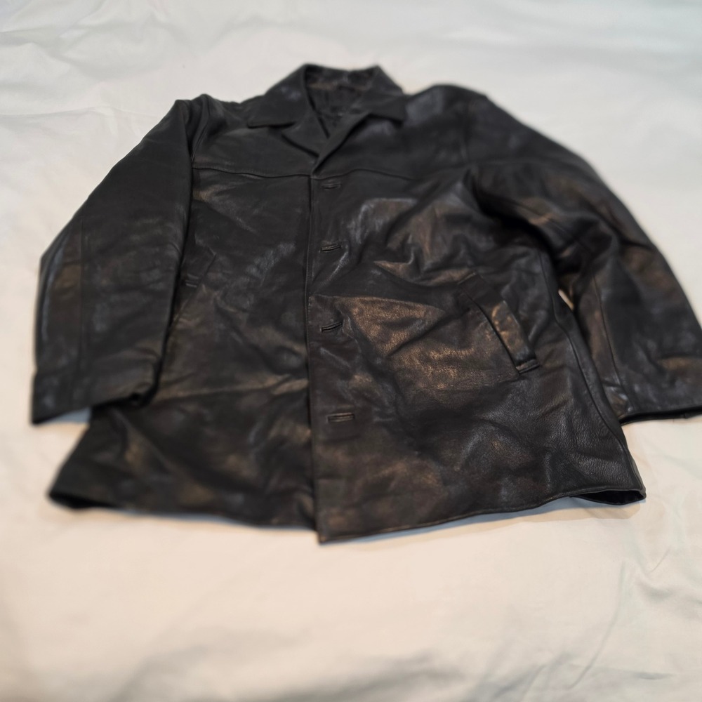 J. Ferrar Leather Jacket Mens L Black Excellent Lambskin Button Car Coat Vintage